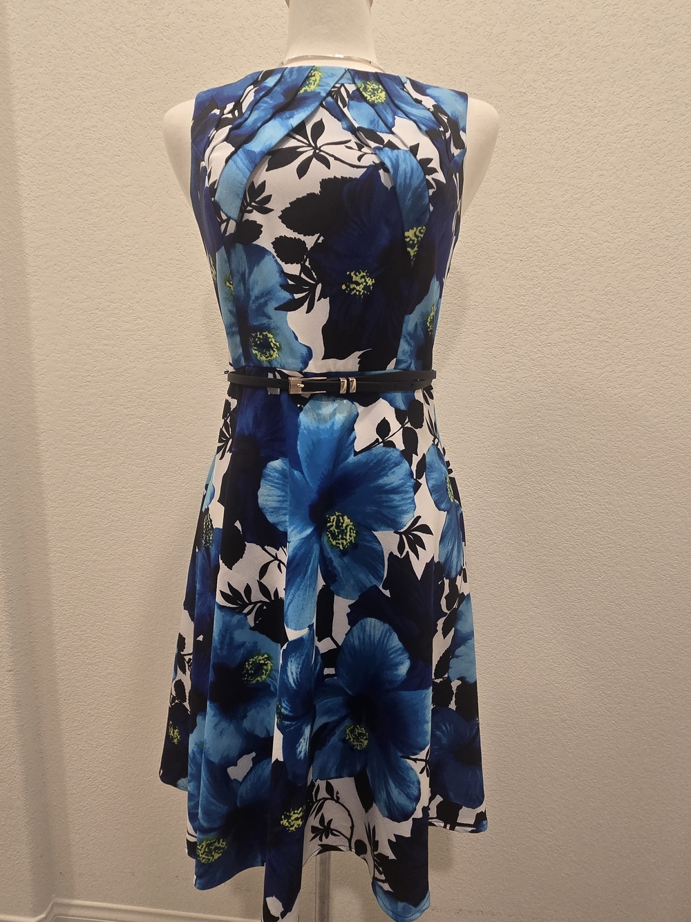 AB Studio Blue Floral Fit & Flare Dress with Black Belt
